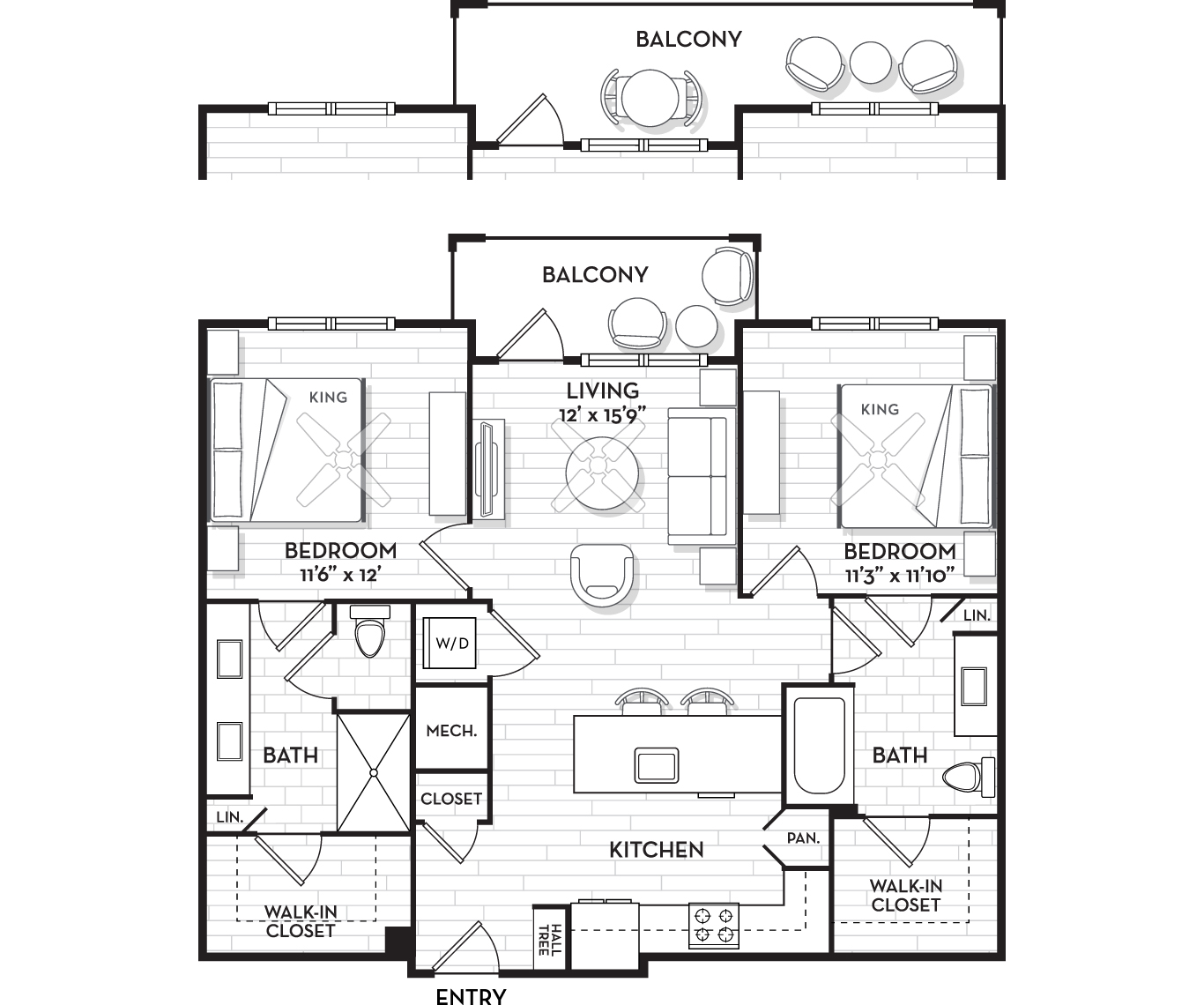Floor plan for 2 beds, 2 baths, 1042 sqft