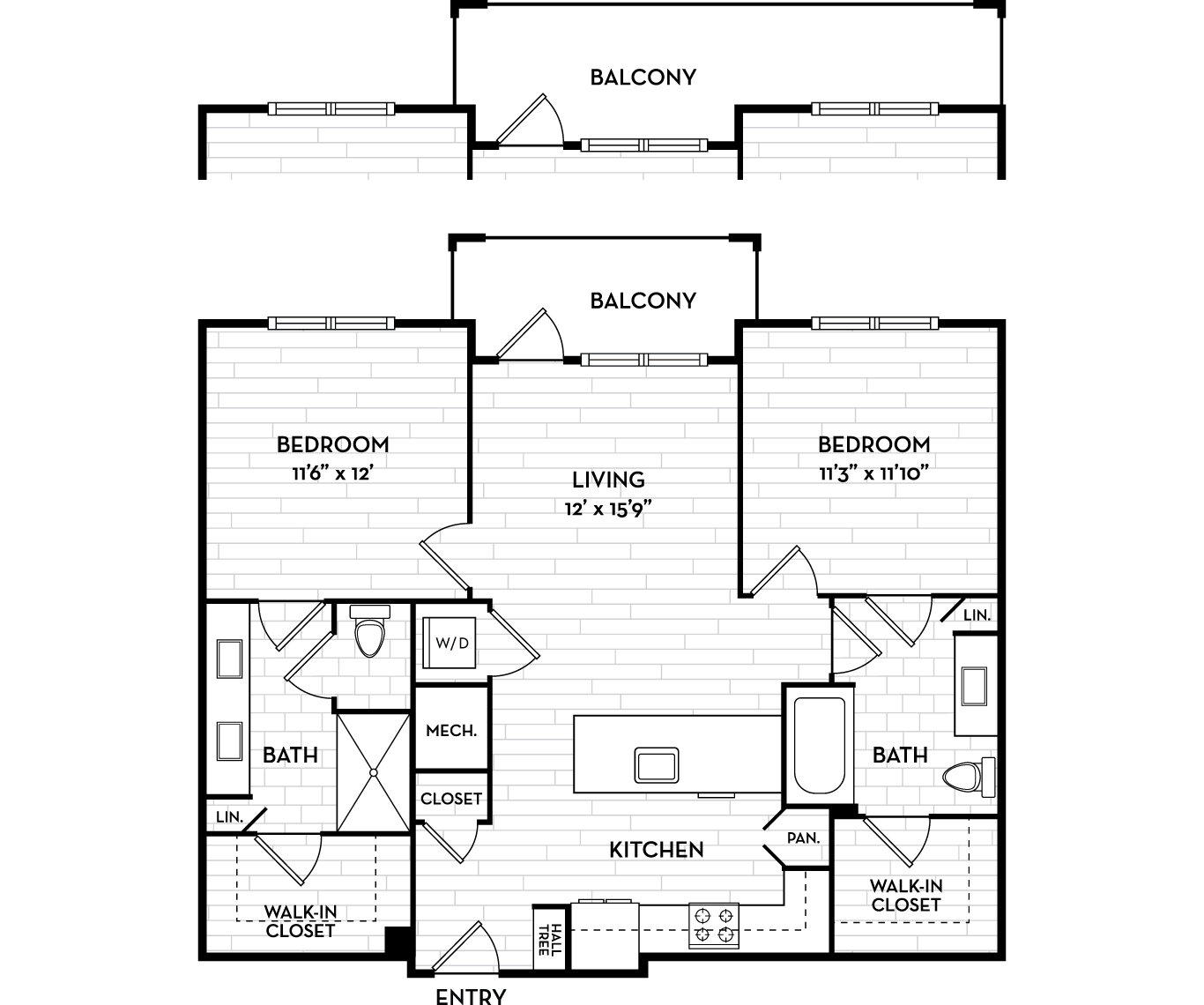 Floor plan for 2 beds, 2 baths, 1042 sqft