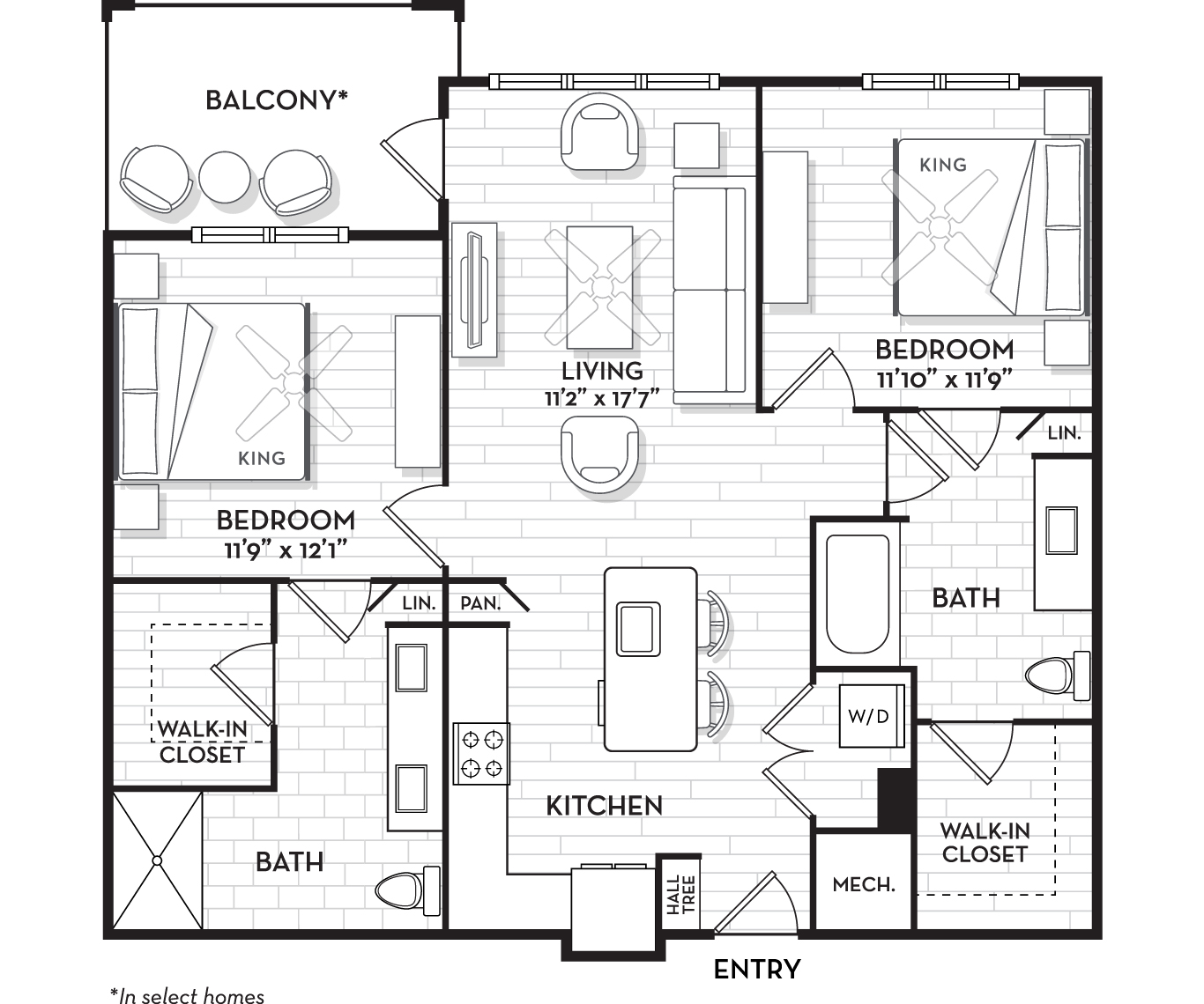 Floor plan for 2 beds, 2 baths, 1087 sqft