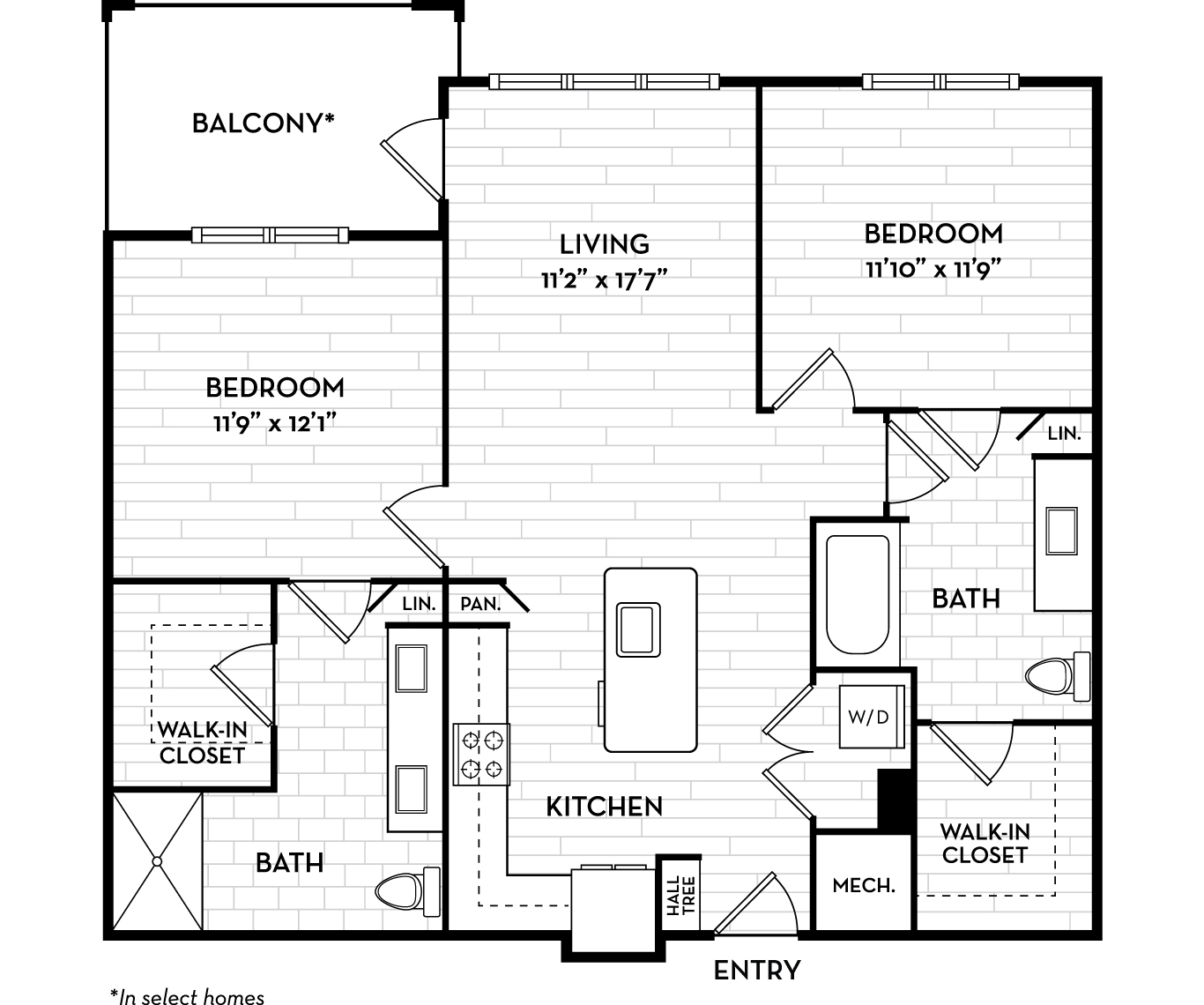 Floor plan for 2 beds, 2 baths, 1087 sqft