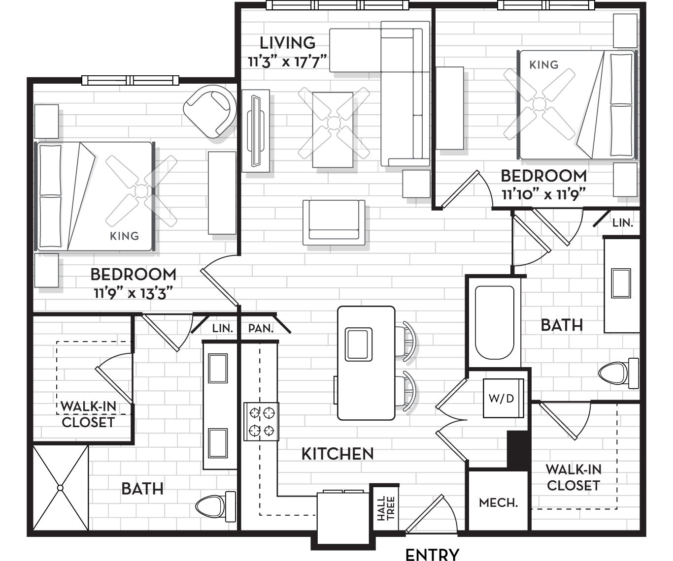 Floor plan for 2 beds, 2 baths, 1101 sqft