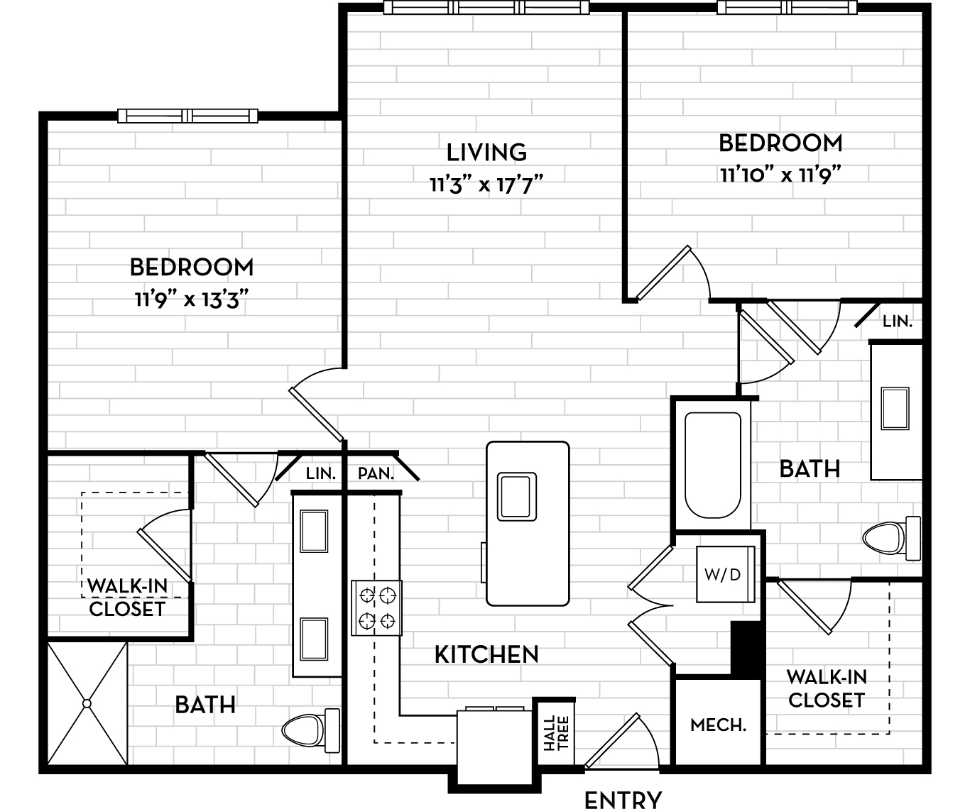 Floor plan for 2 beds, 2 baths, 1101 sqft