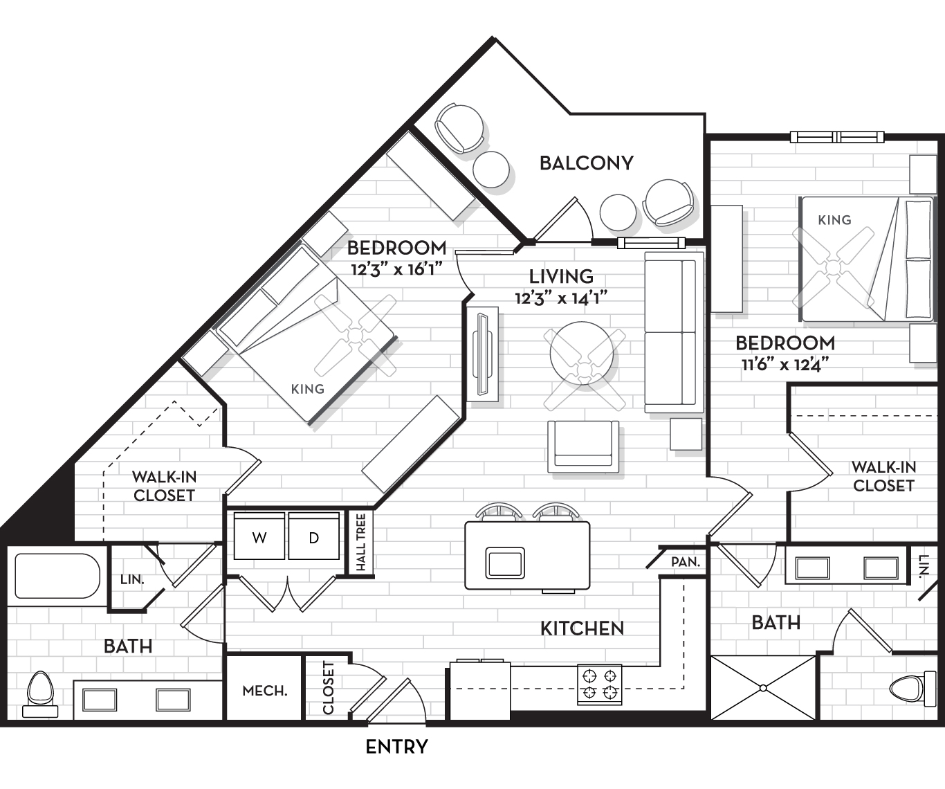 Floor plan for 2 beds, 2 baths, 1200 sqft