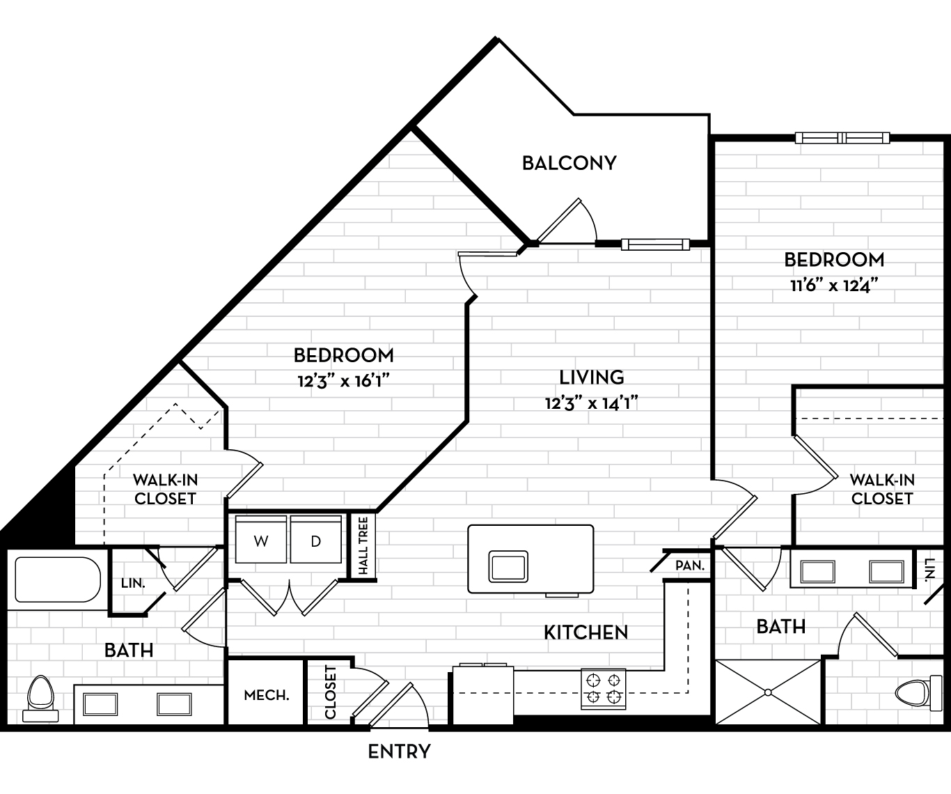 Floor plan for 2 beds, 2 baths, 1200 sqft