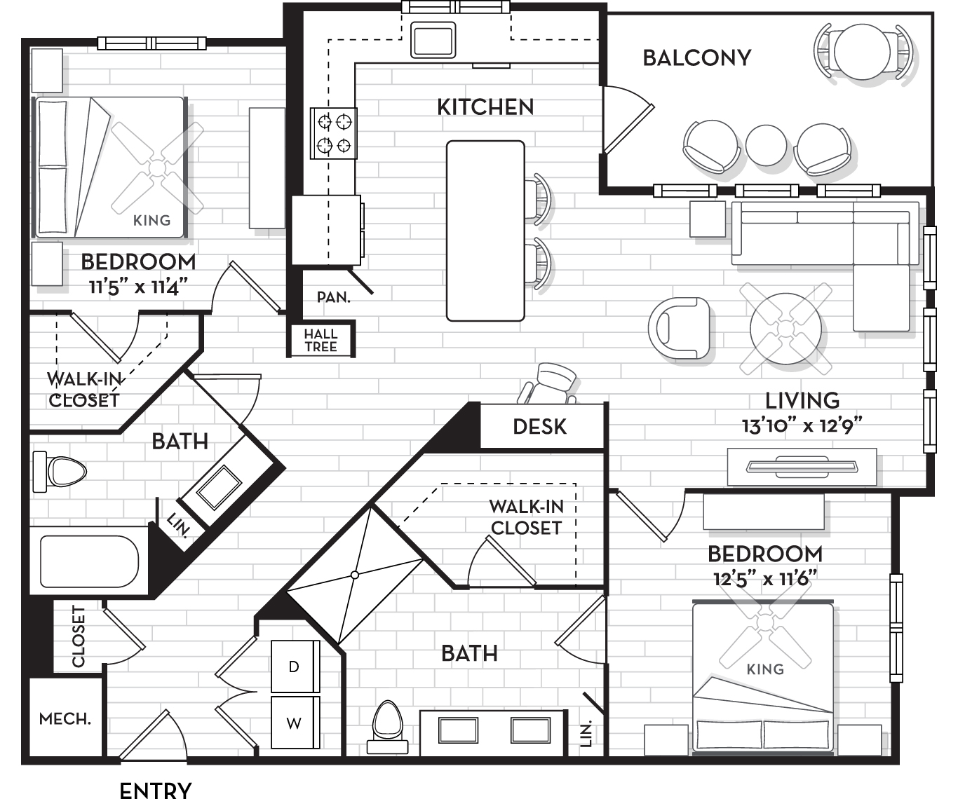 Floor plan for 2 beds, 2 baths, 1210 sqft