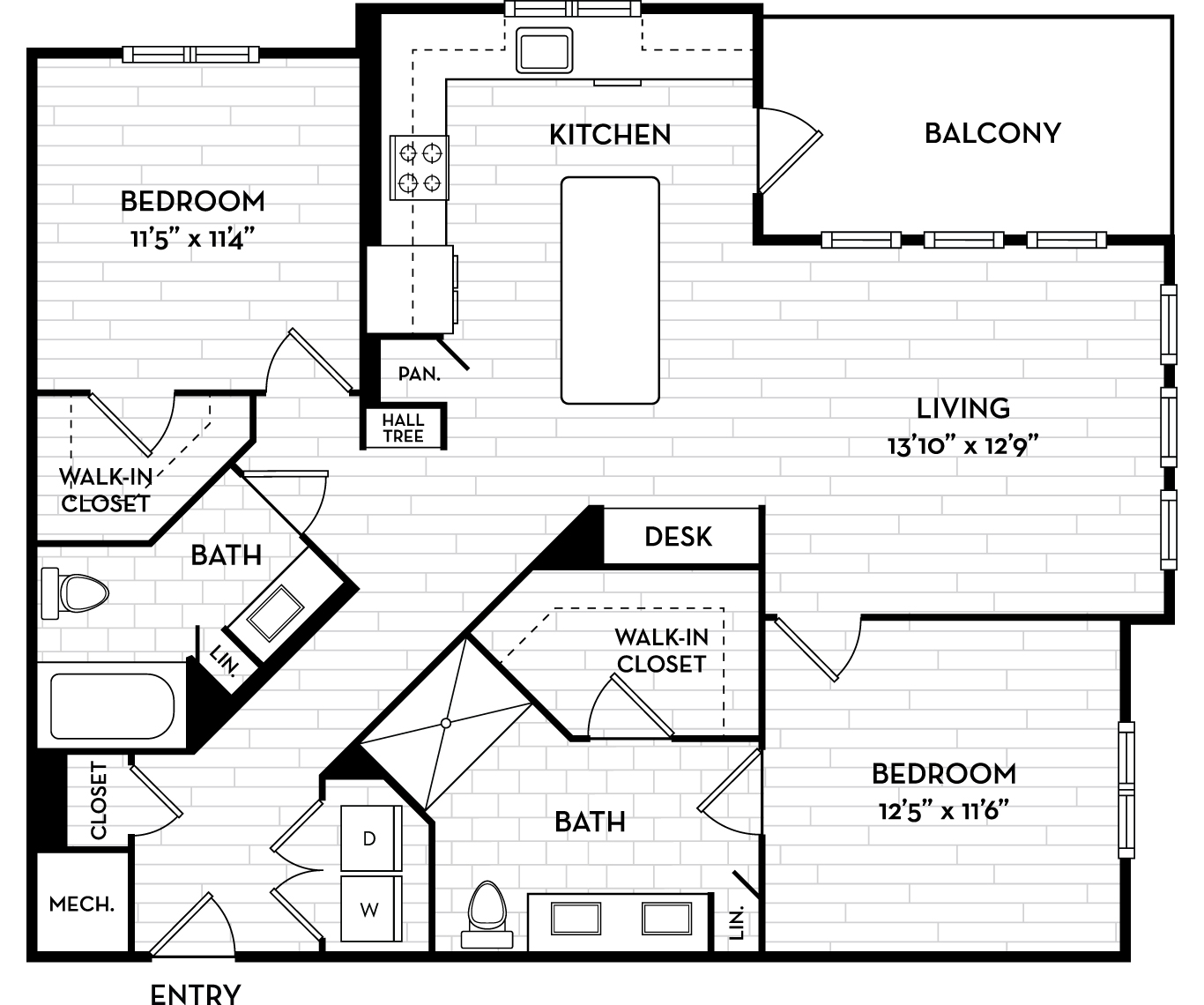 Floor plan for 2 beds, 2 baths, 1210 sqft