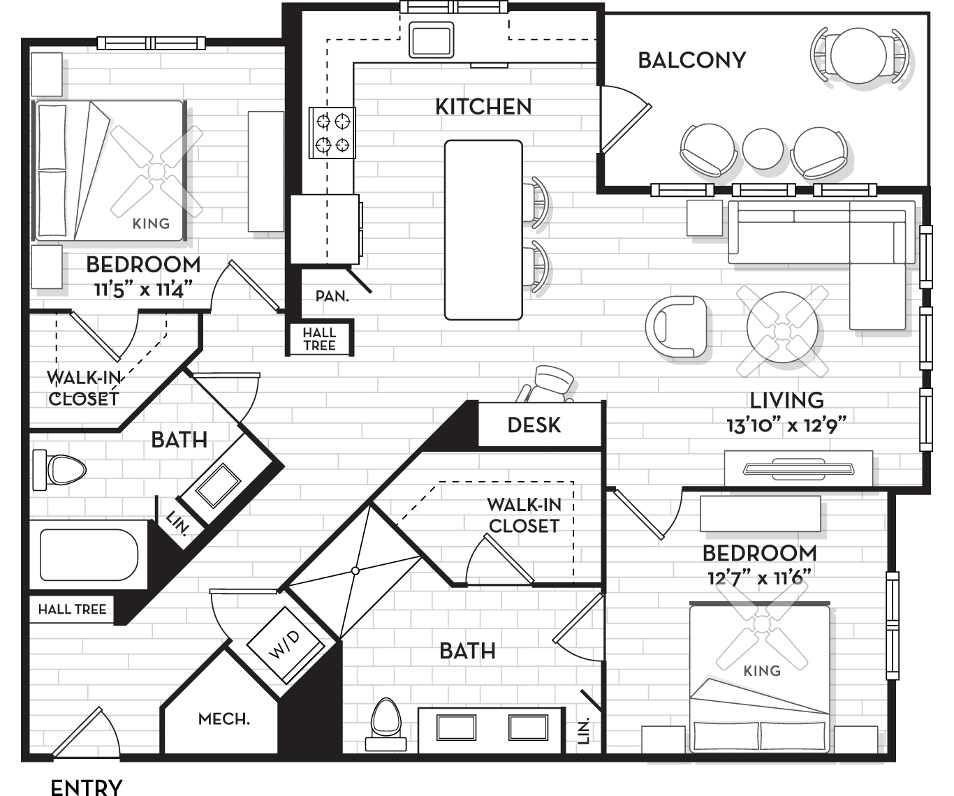 Floor plan for 2 beds, 2 baths, 1219 sqft