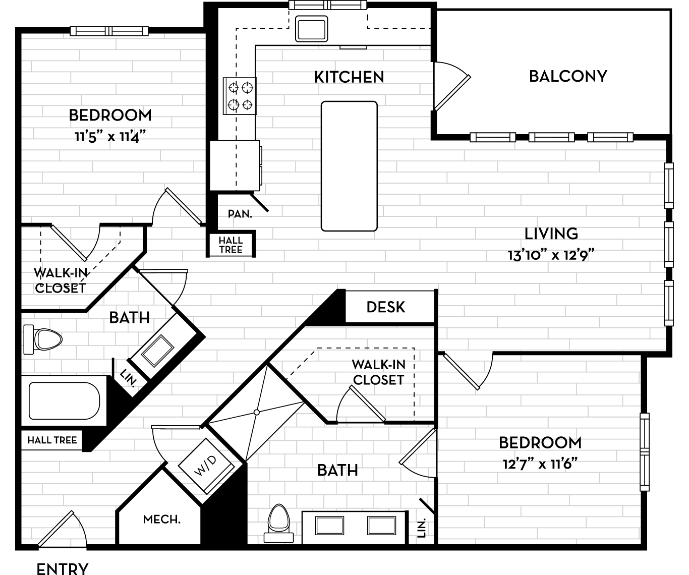 Floor plan for 2 beds, 2 baths, 1219 sqft