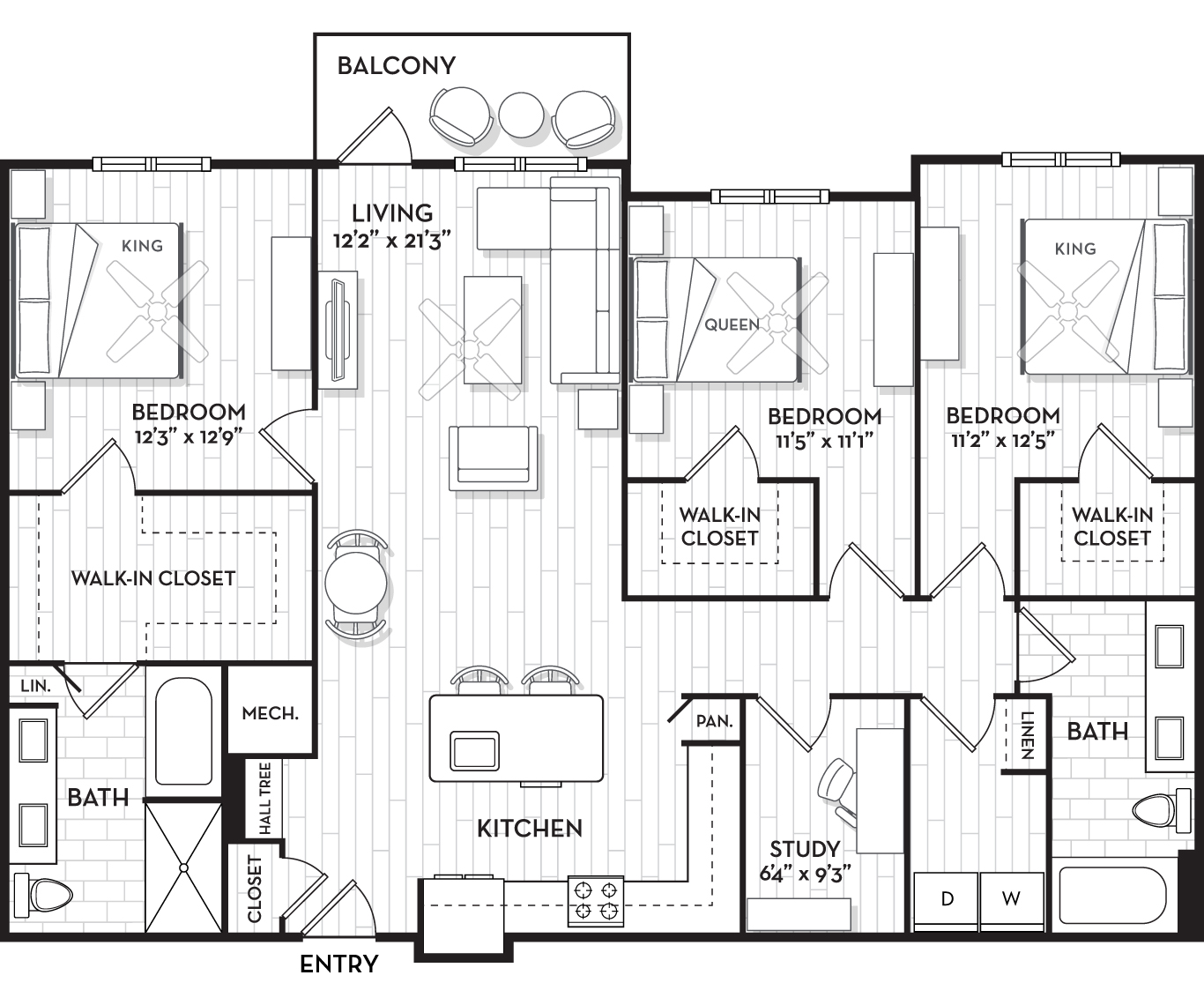 Floor plan for 3 beds, 2 baths, 1539 sqft