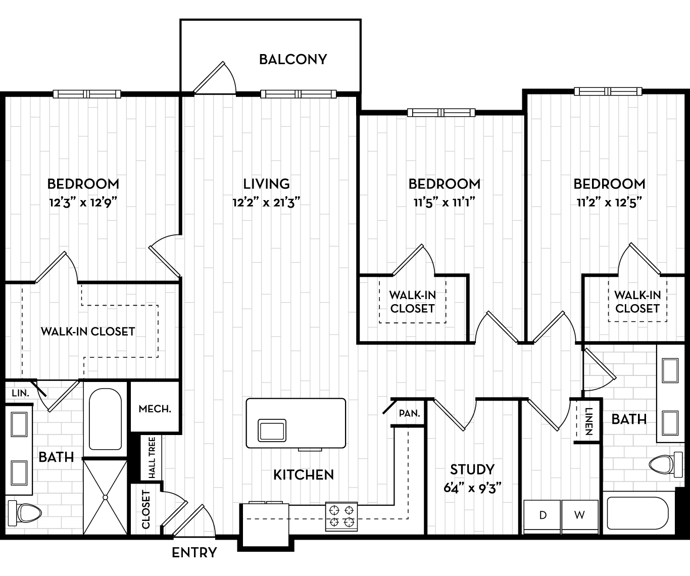 Floor plan for 3 beds, 2 baths, 1539 sqft