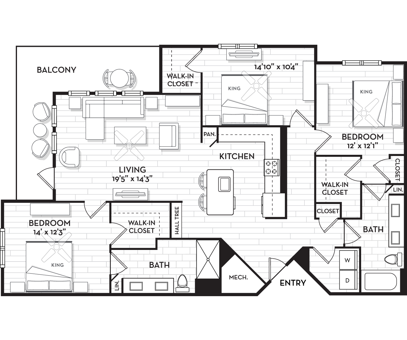 Floor plan for 3 beds, 2 baths, 1585 sqft