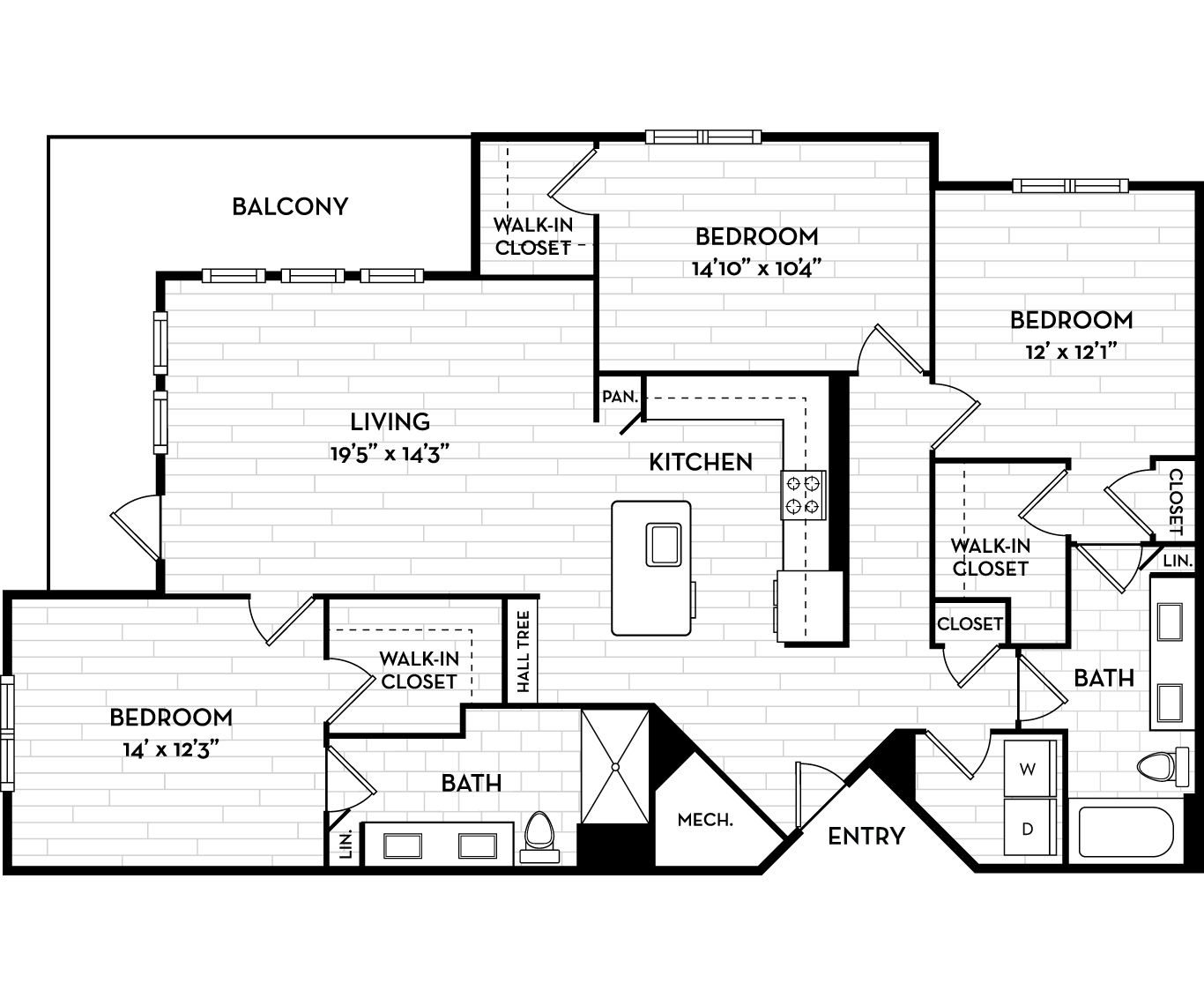 Floor plan for 3 beds, 2 baths, 1585 sqft