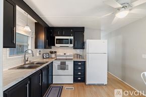 Zephyrhills house for rent - A modern kitchen with black cabinets and white appliances.