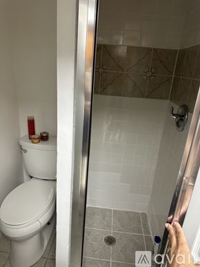 Silver Spring apartment for rent - A white toilet is in a bathroom with a shower.