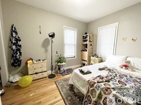 Boston apartment for rent - A bedroom with a bed, a dresser, a nightstand, a window with blinds, a lamp, a plant, and a rug.
