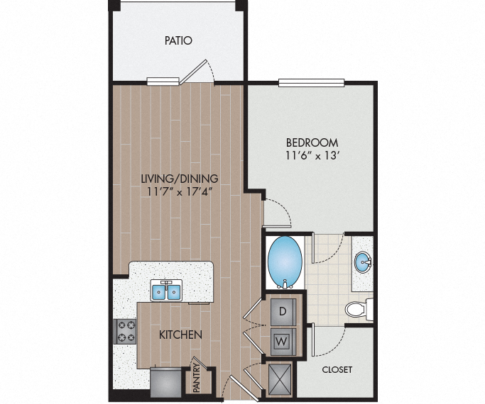 Floor plan for 1 bed, 1 bath, 692 sqft