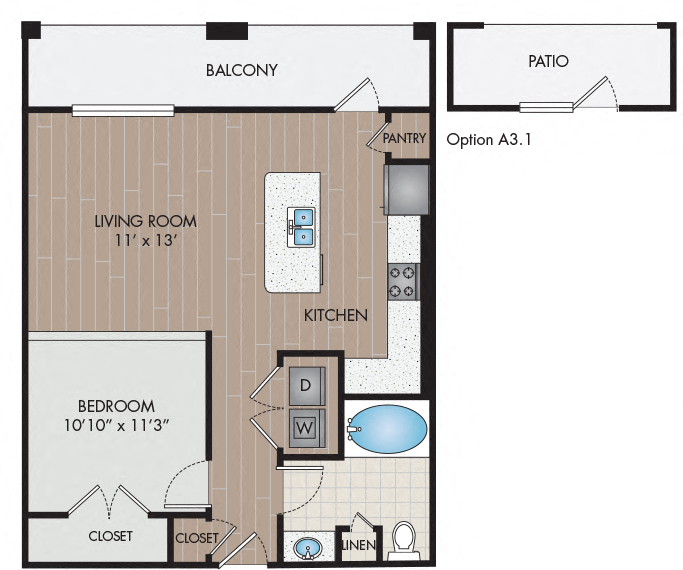 Floor plan for 1 bed, 1 bath, 700 sqft