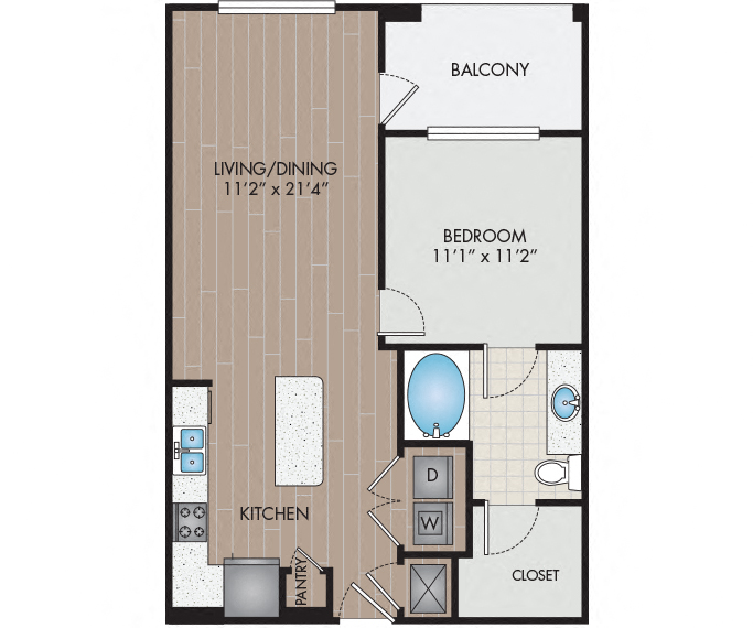 Floor plan for 1 bed, 1 bath, 723 sqft
