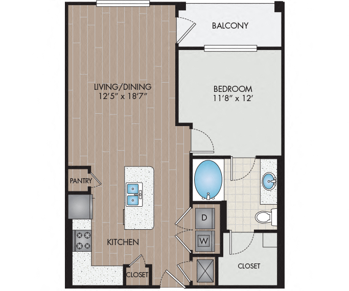Floor plan for 1 bed, 1 bath, 766 sqft