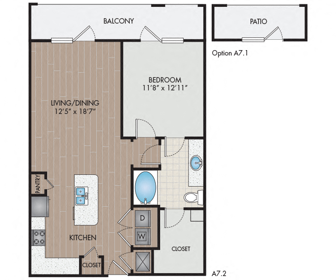 Floor plan for 1 bed, 1 bath, 825 sqft