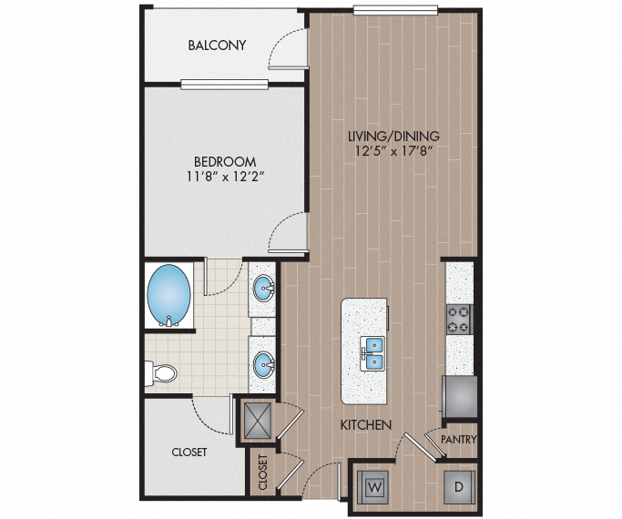 Floor plan for 1 bed, 1 bath, 900 sqft