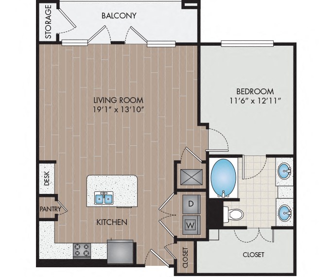Floor plan for 1 bed, 1 bath, 870 sqft
