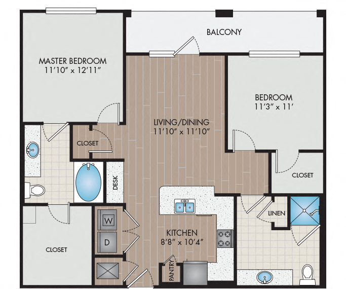 Floor plan for 2 beds, 2 baths, 1106 sqft