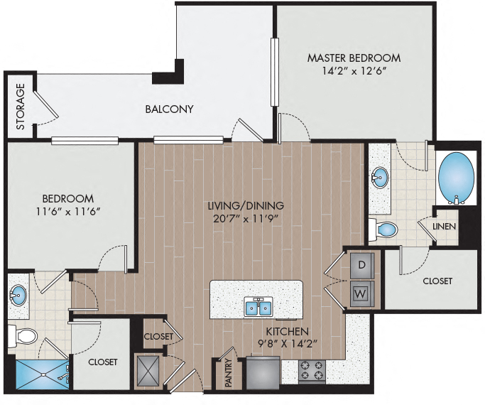 Floor plan for 2 beds, 2 baths, 1186 sqft