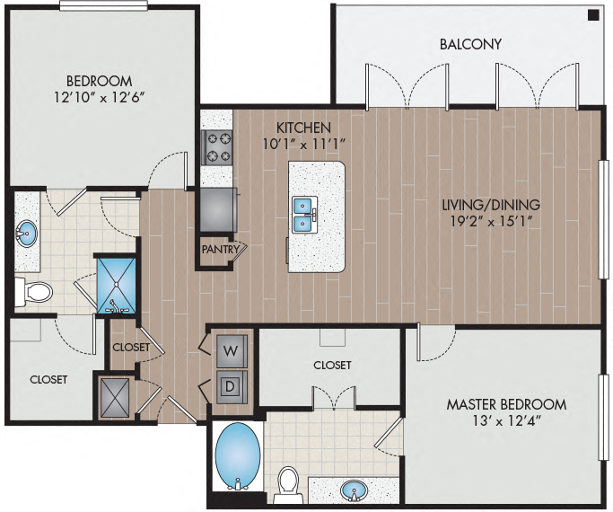 Floor plan for 2 beds, 2 baths, 1299 sqft
