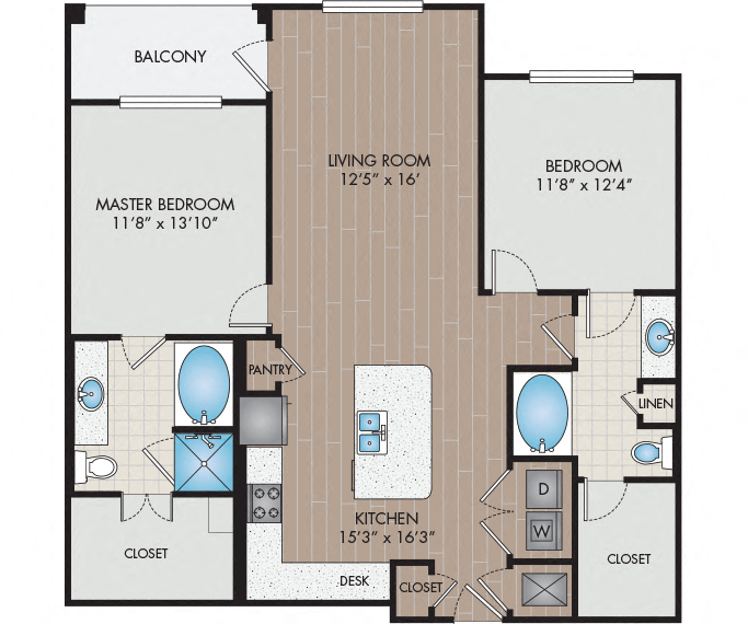 Floor plan for 2 beds, 2 baths, 1237 sqft