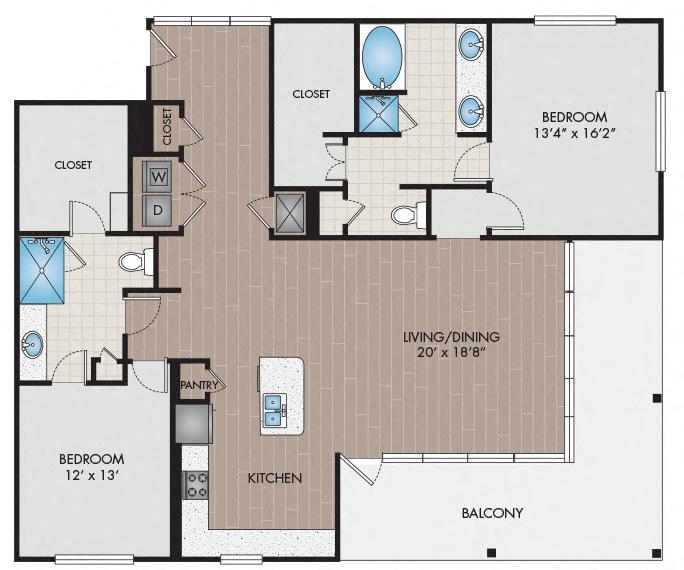 Floor plan for 2 beds, 2 baths, 1724 sqft