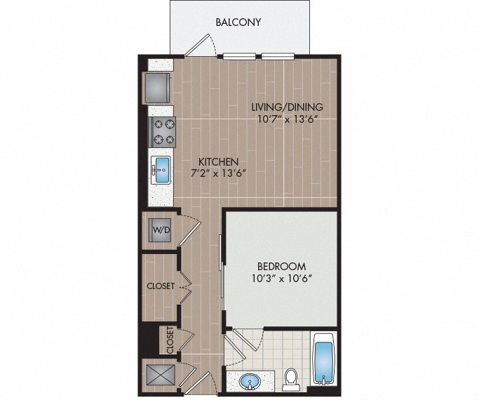 Floor plan for 1 bed, 1 bath, 573 sqft