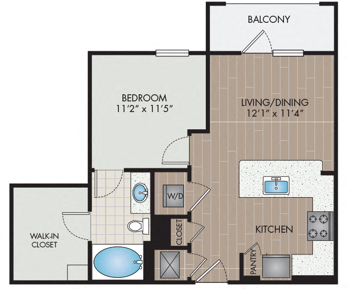 Floor plan for 1 bed, 1 bath, 684 sqft