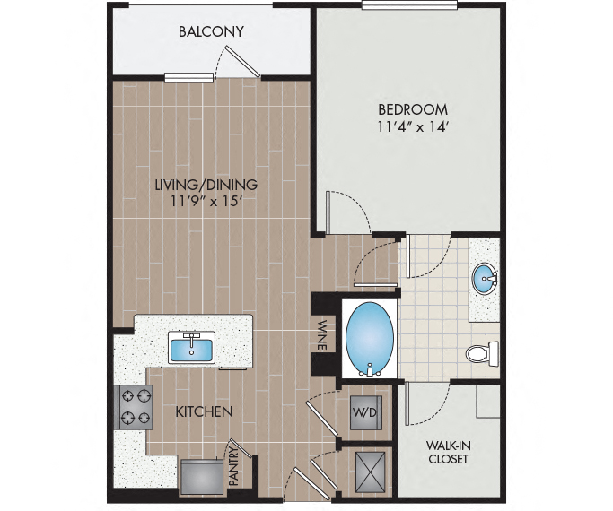 Floor plan for 1 bed, 1 bath, 718 sqft