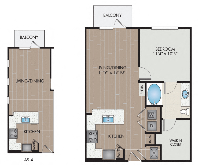 Floor plan for 1 bed, 1 bath, 729 sqft