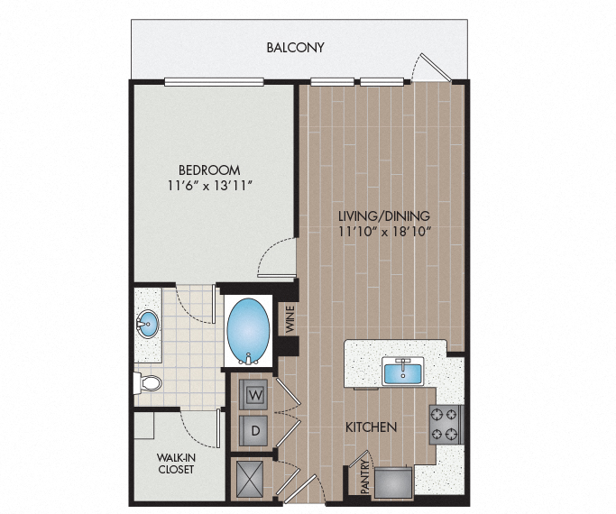 Floor plan for 1 bed, 1 bath, 788 sqft