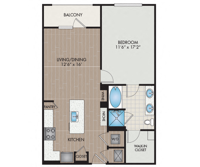 Floor plan for 1 bed, 1 bath, 864 sqft