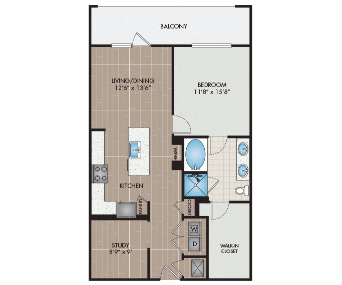 Floor plan for 1 bed, 1 bath, 935 sqft