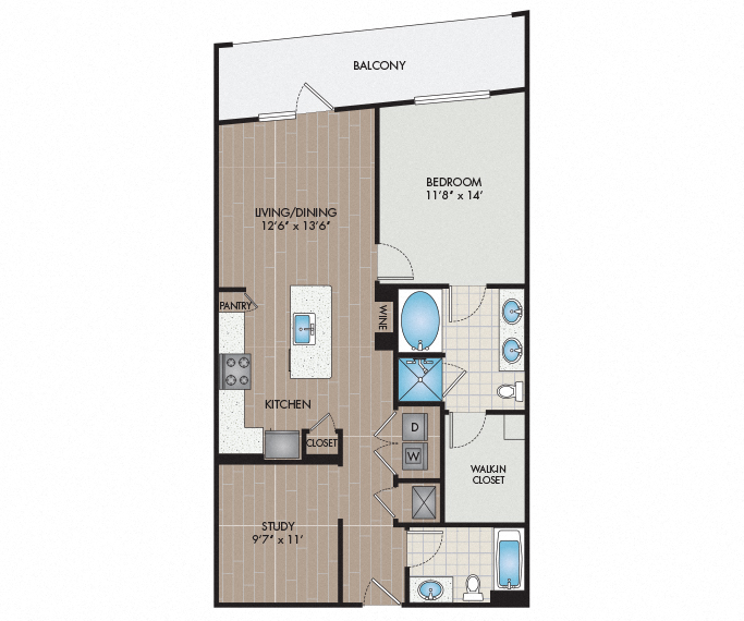 Floor plan for 1 bed, 2 baths, 1001 sqft