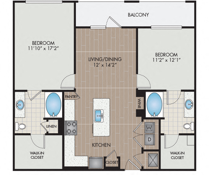 Floor plan for 2 beds, 2 baths, 1113 sqft