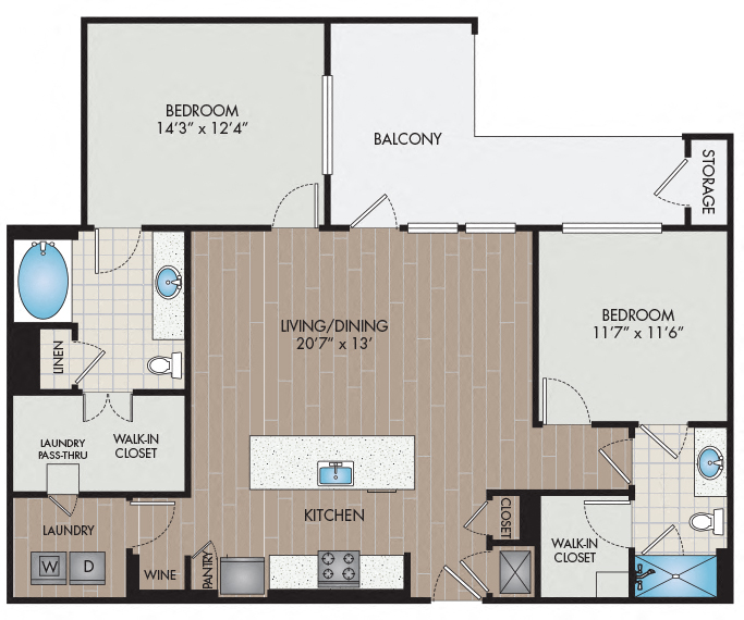 Floor plan for 2 beds, 2 baths, 1199 sqft