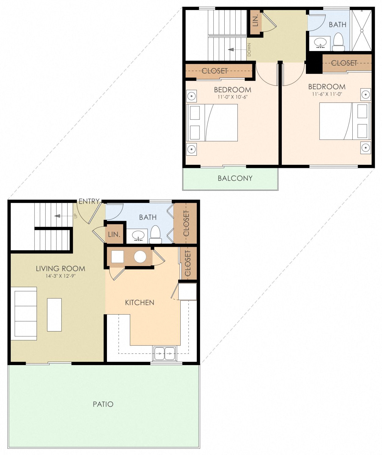 Floor plan for 2 beds, 1.5 baths, 876 sqft