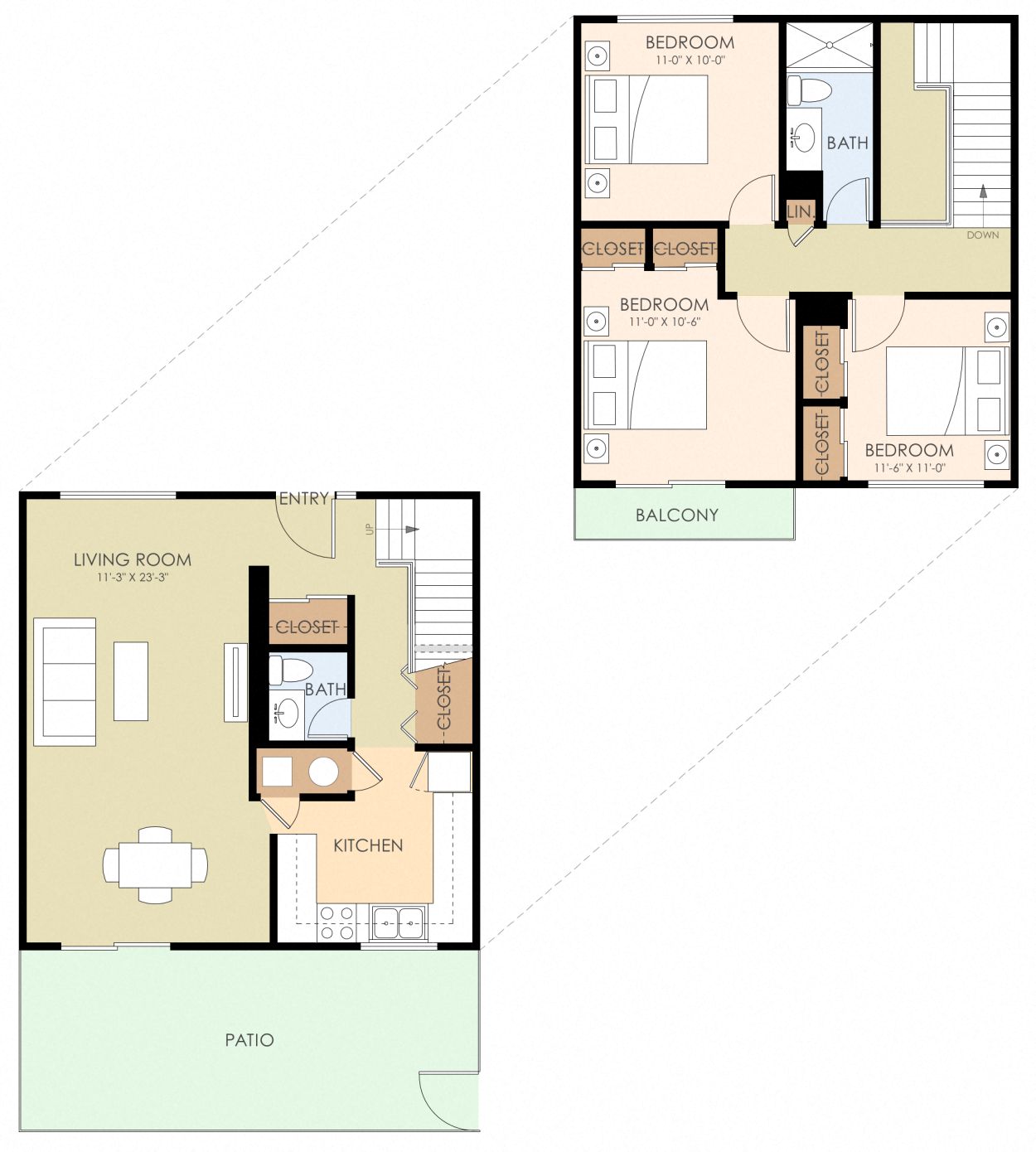 Floor plan for 3 beds, 1.5 baths, 1026 sqft