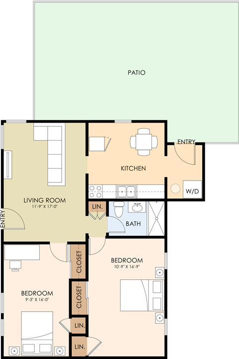 Floor plan for 2 beds, 1 bath, 807 sqft