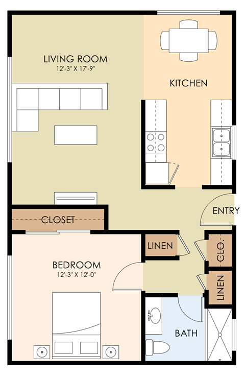 Floor plan for 1 bed, 1 bath, 673 sqft