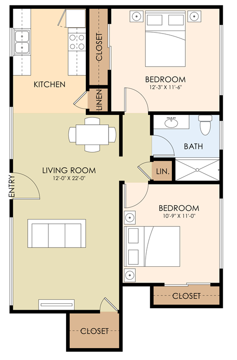 Floor plan for 2 beds, 1 bath, 792 sqft