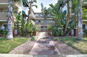 San Mateo apartment for rent - a walkway with palm trees in front of an apartment building