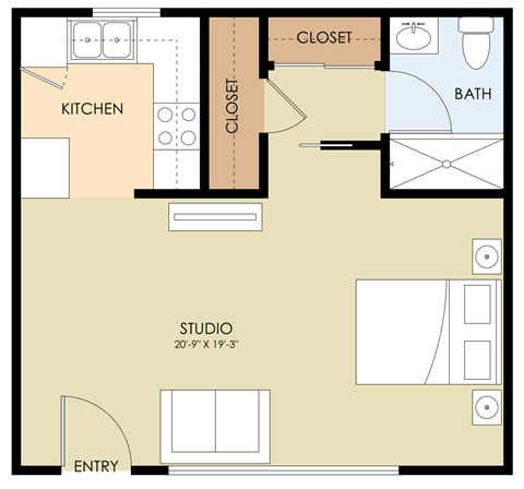 Floor plan for studio, 1 bath, 400 sqft
