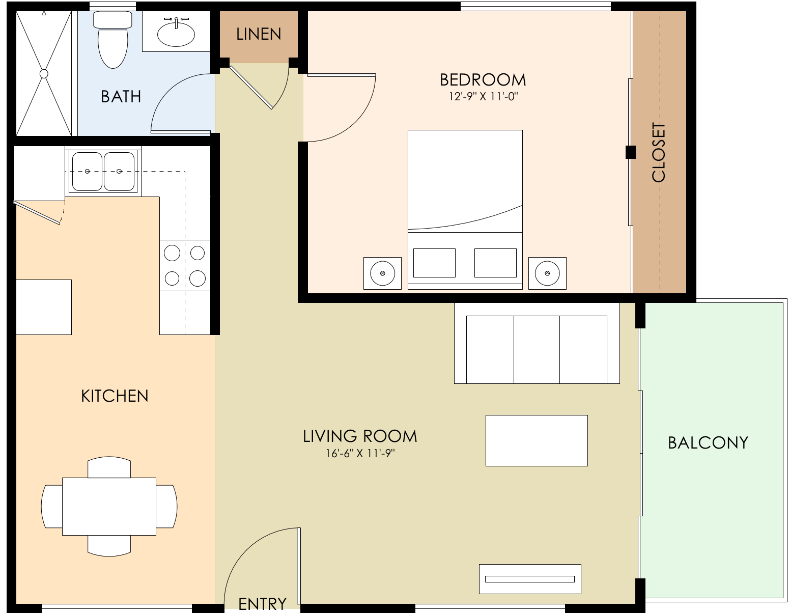 Floor plan for 1 bed, 1 bath, 588 sqft