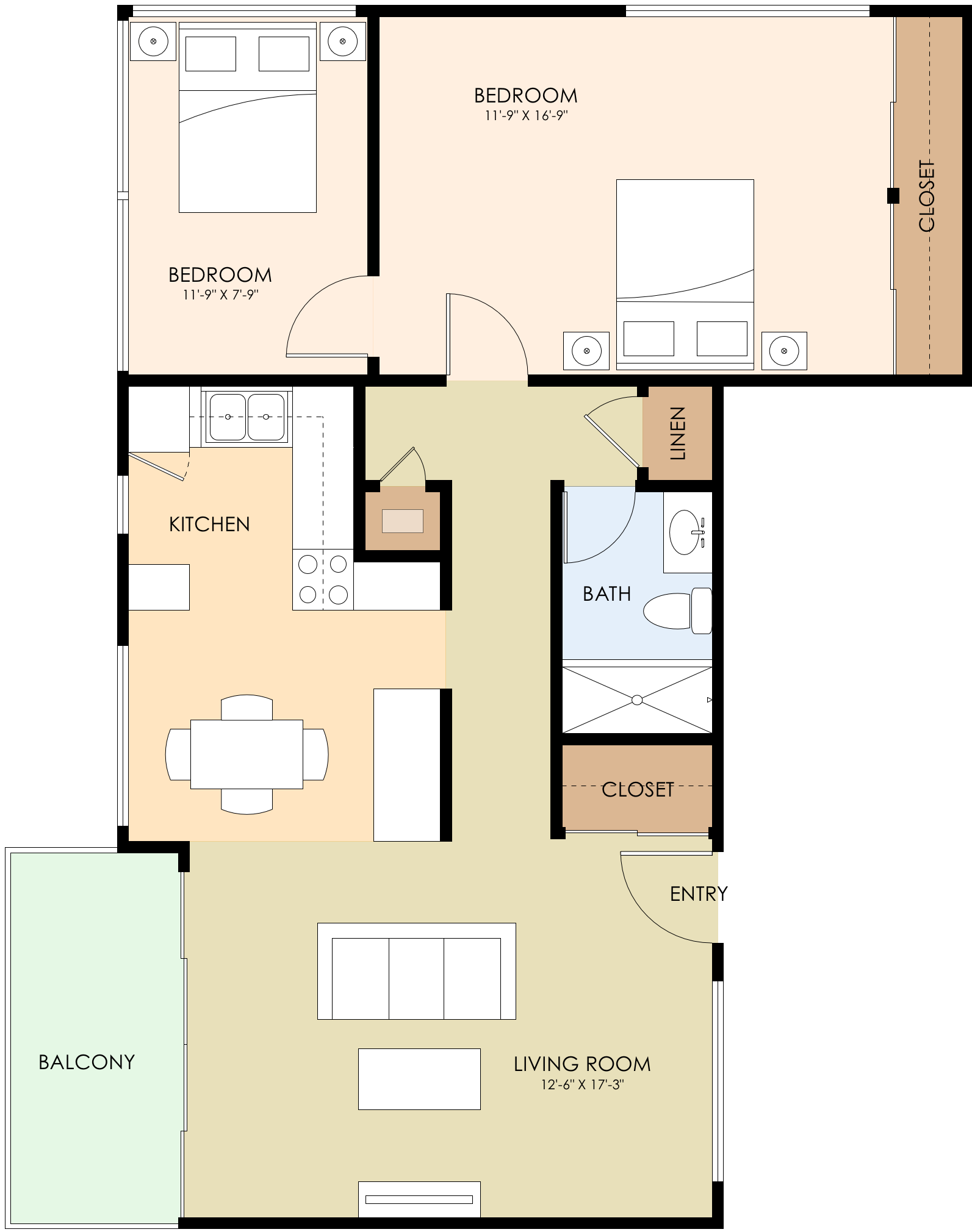 Floor plan for 2 beds, 1 bath, 826 sqft
